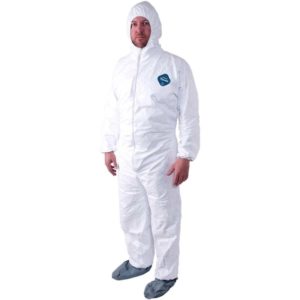 Coverall, Dupont Tyvek, Zip Front, Elastic Wrist & Ankle, Skid Resistant Boot, Attached Hood,