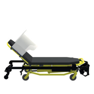 Side view of an ambulance cot with the Techni-Shield Defender patient shield affixed to the head of the stretcher.