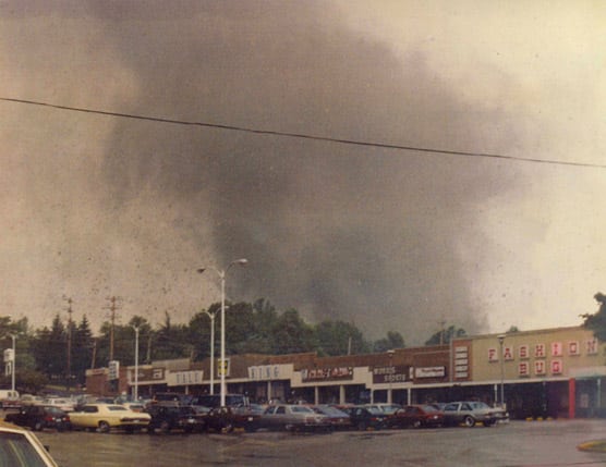 The tornado hovers over the Fashion Bug near the intersection of SR 422 and SR 46