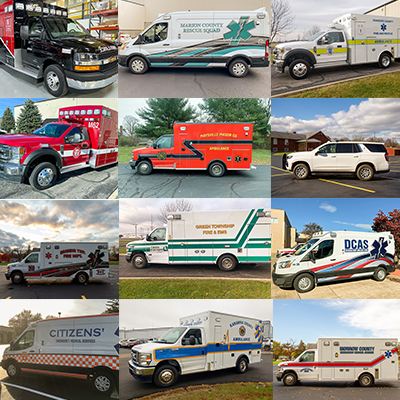 Different types of ambulances in a fleet.