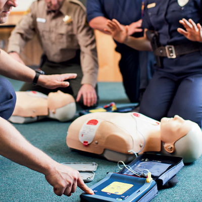 AED training device being used.